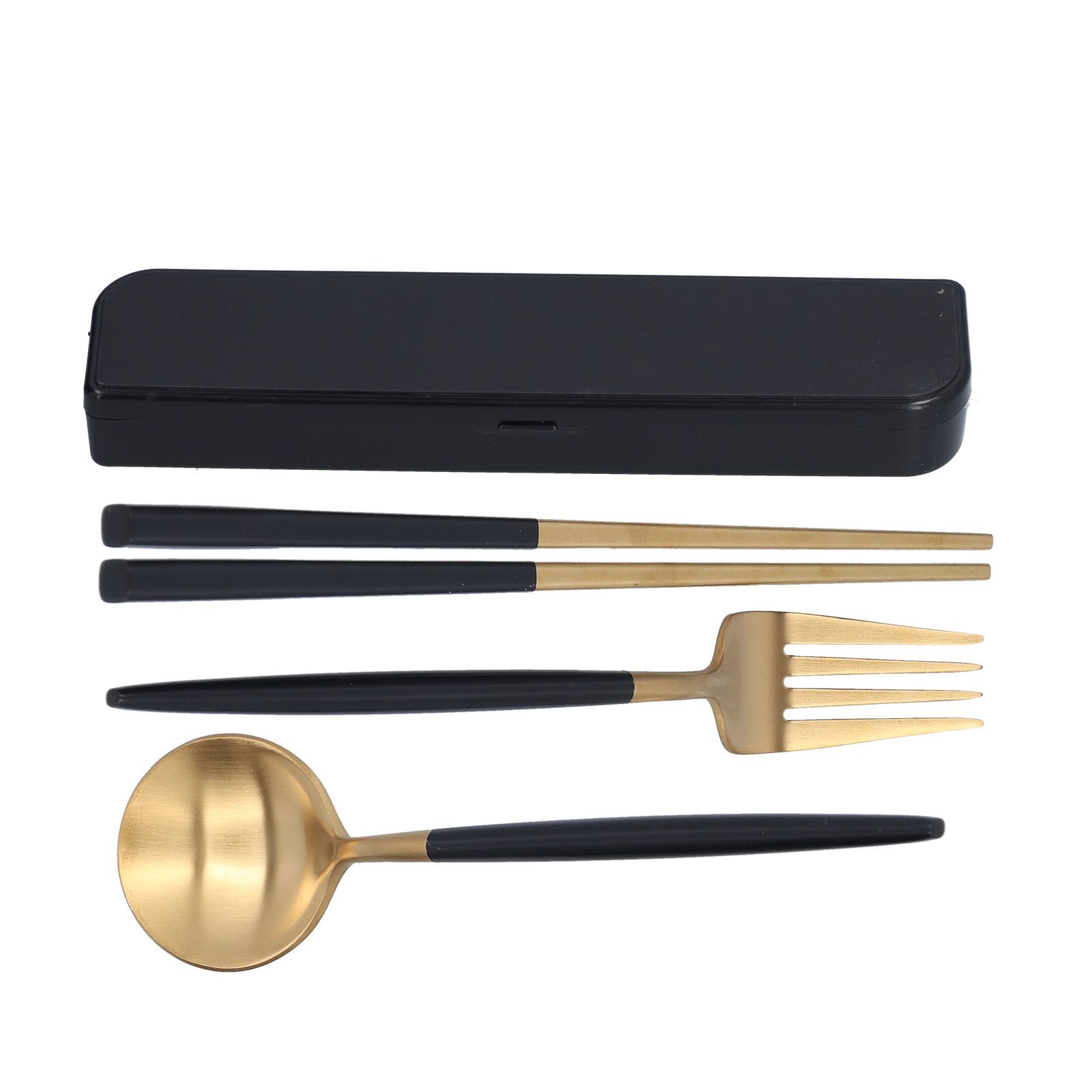 3Pcs/Set Portable Travel Utensils Stainless Steel Spoon Fork Chopsticks Set for SchoolBlack Gold (Black Storage Box) - Image 1