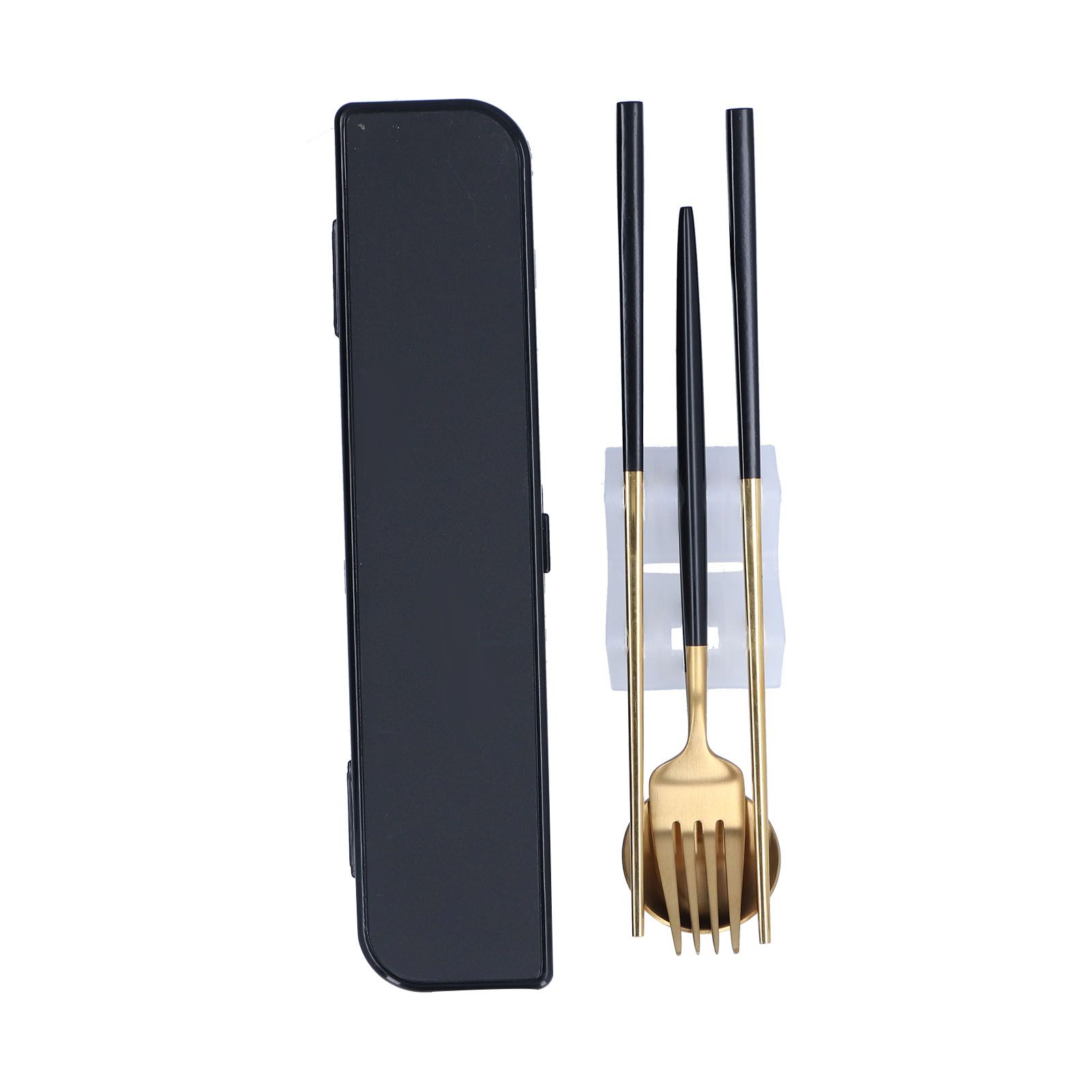 3Pcs/Set Portable Travel Utensils Stainless Steel Spoon Fork Chopsticks Set for SchoolBlack Gold (Black Storage Box) - Image 2