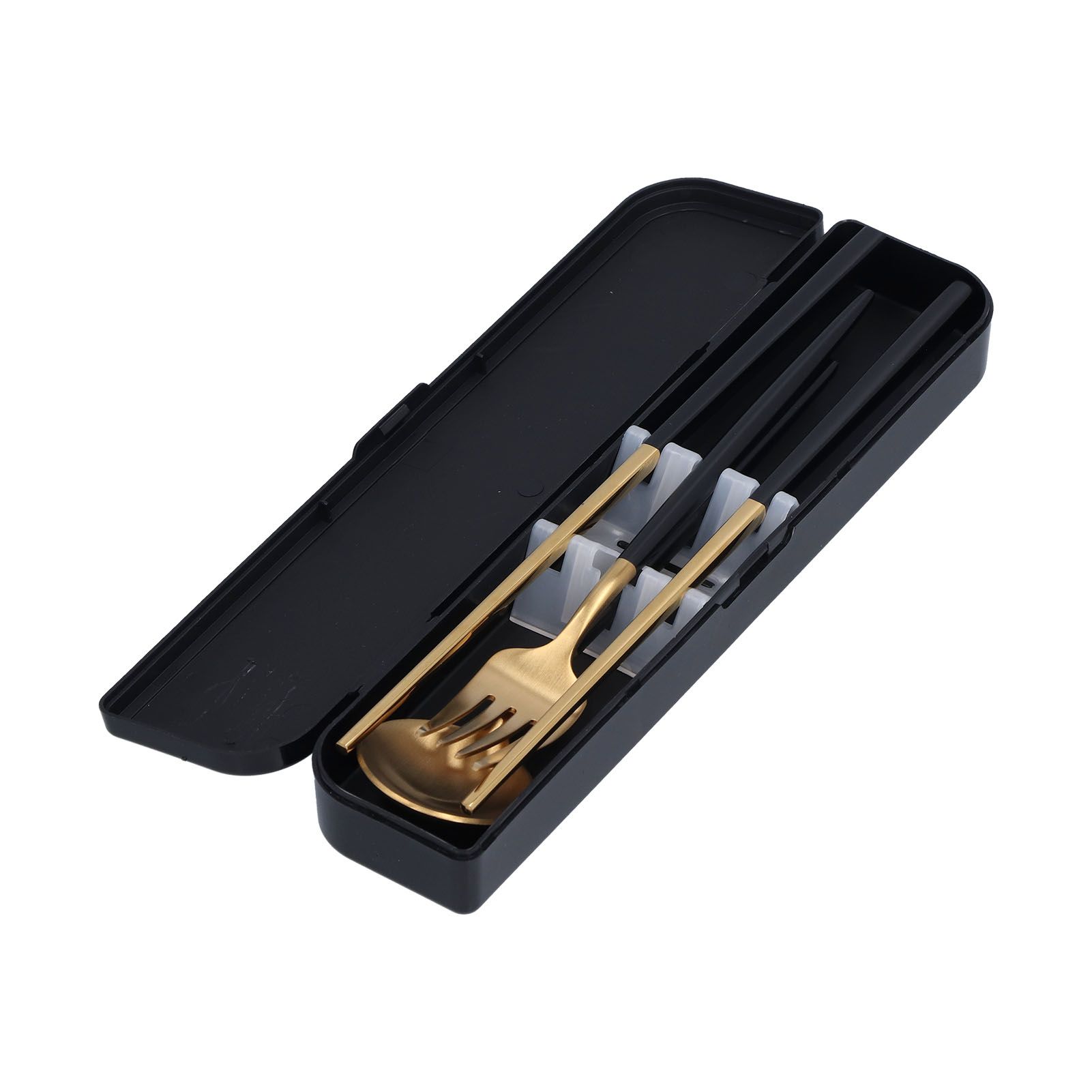 3Pcs/Set Portable Travel Utensils Stainless Steel Spoon Fork Chopsticks Set for SchoolBlack Gold (Black Storage Box) - Image 3