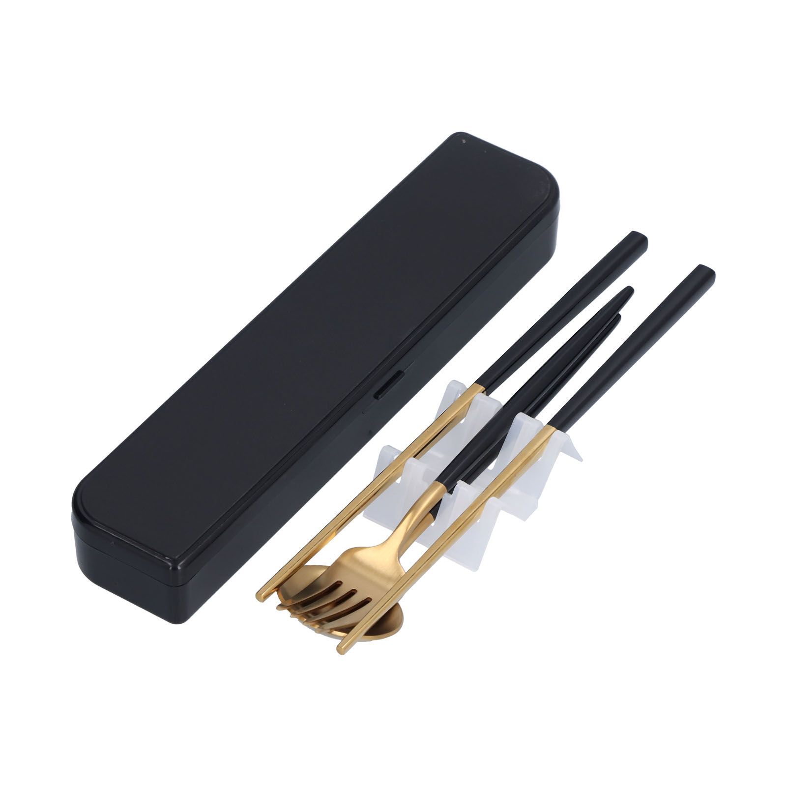 3Pcs/Set Portable Travel Utensils Stainless Steel Spoon Fork Chopsticks Set for SchoolBlack Gold (Black Storage Box) - Image 4