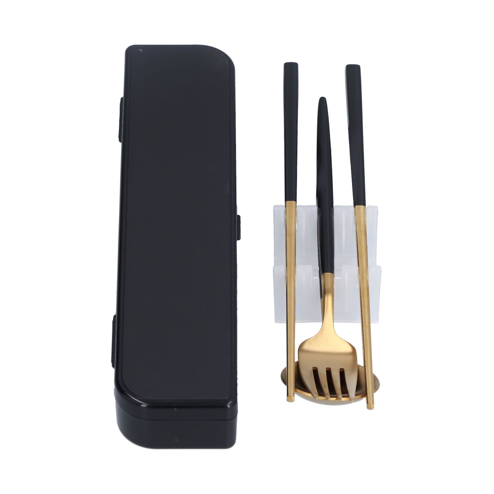 3Pcs/Set Portable Travel Utensils Stainless Steel Spoon Fork Chopsticks Set for SchoolBlack Gold (Black Storage Box) - Image 5