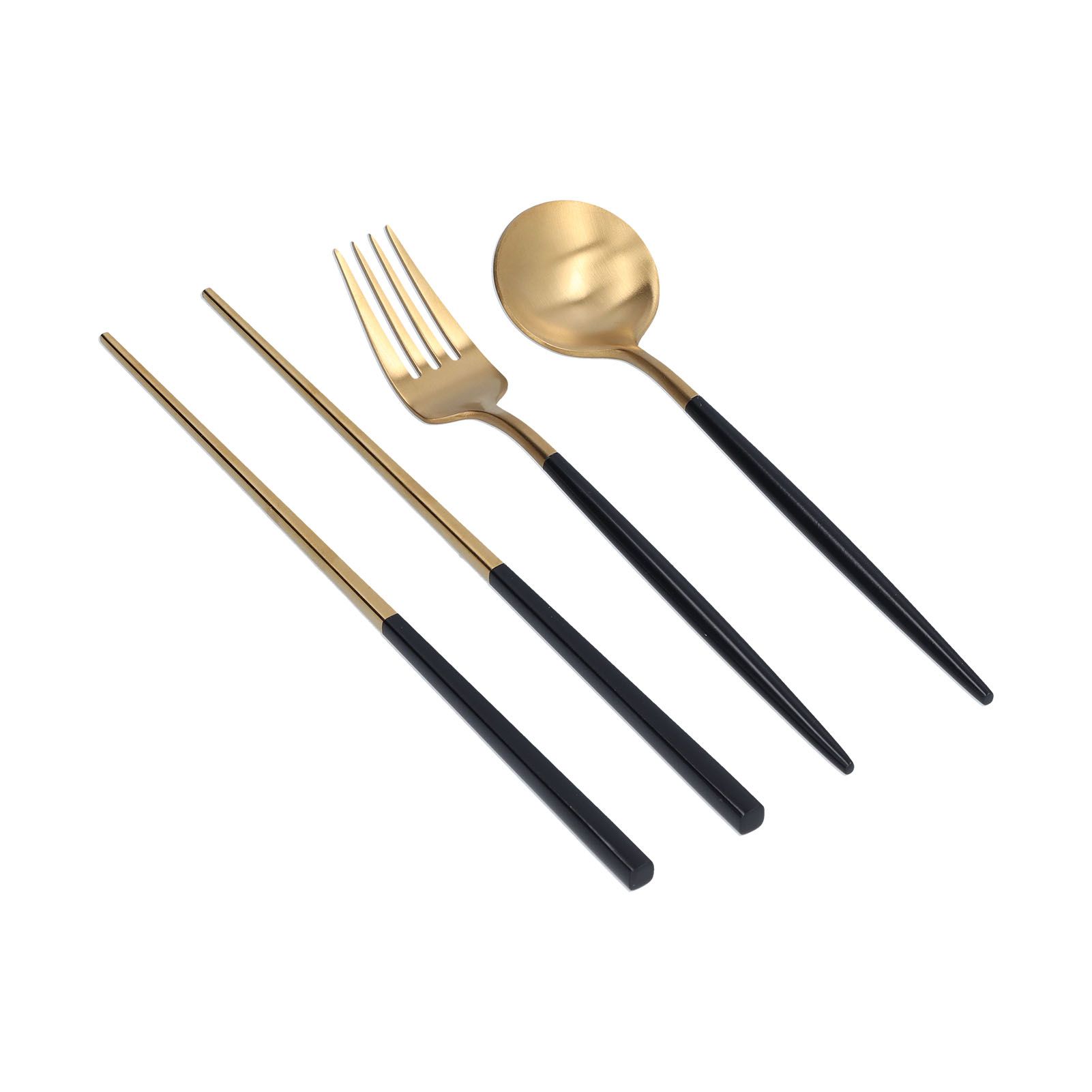 3Pcs/Set Portable Travel Utensils Stainless Steel Spoon Fork Chopsticks Set for SchoolBlack Gold (Black Storage Box) - Image 6
