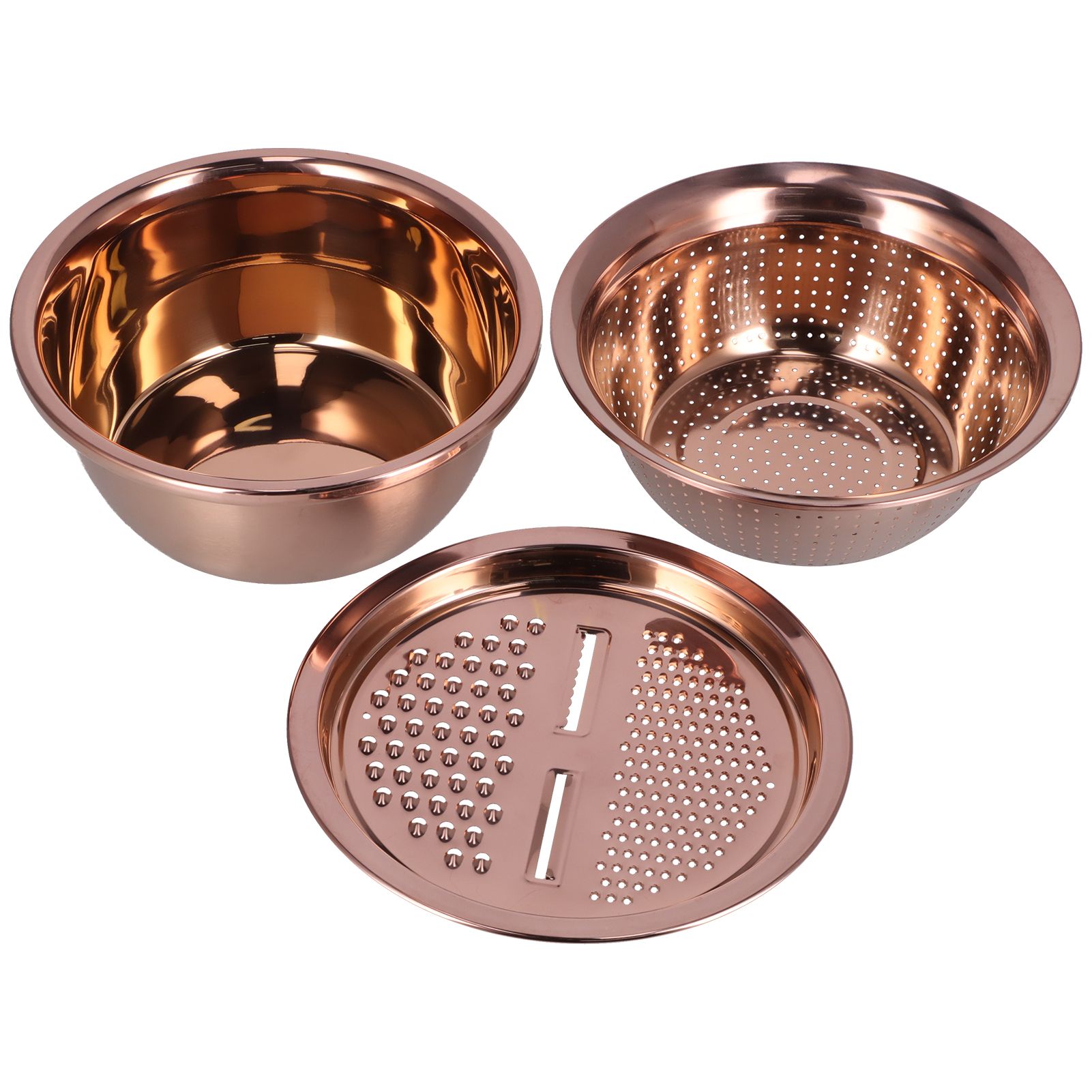 Multipurpose Water Basin Drain Basket with Vegetable Cutter Grater Stainless Steel for Home KitchenRose Gold - Image 1