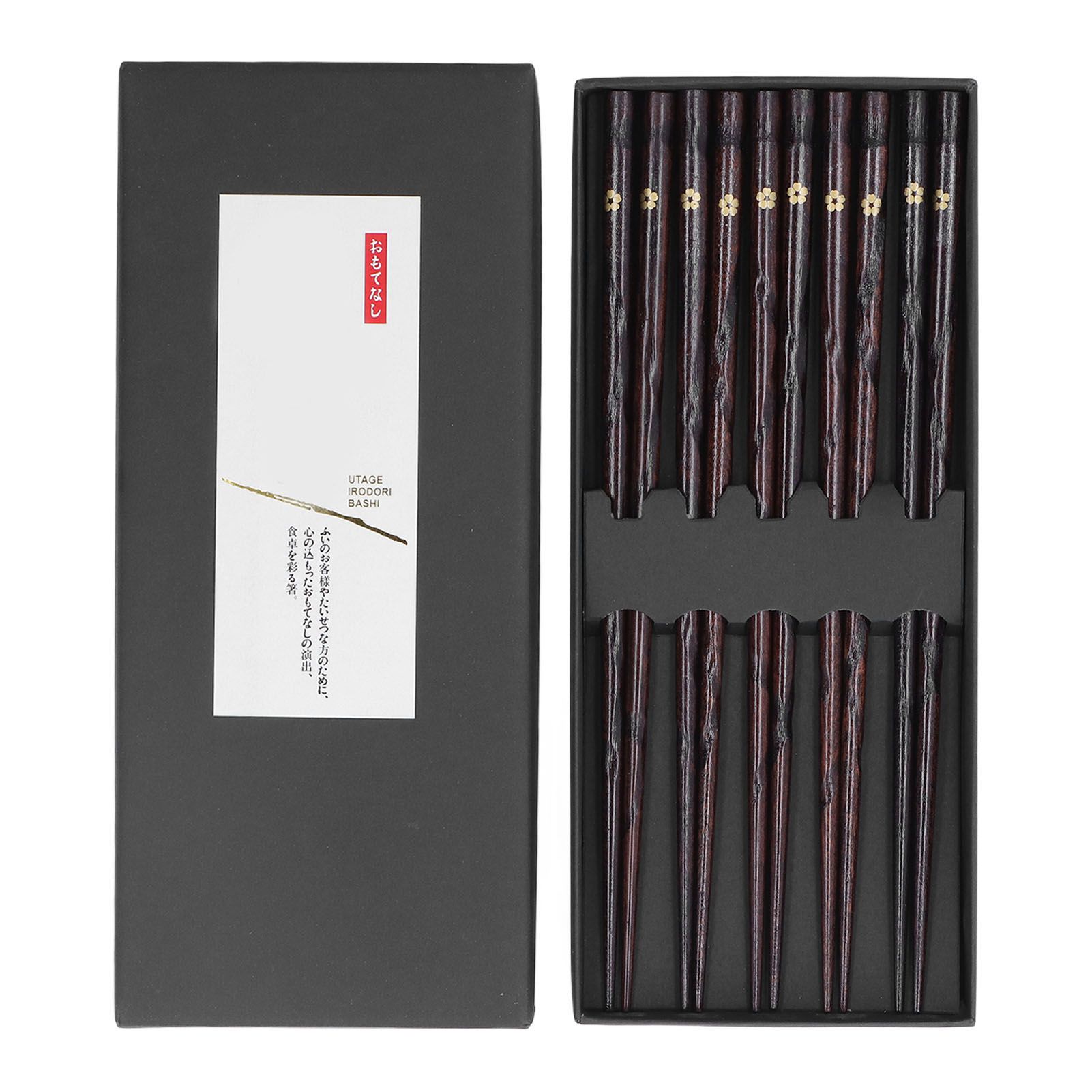 5 Pair Japanese Style Wooden Chopsticks Golden Printed Flowers Reusable Traditional Stylish Gift for Family Friends - Image 1