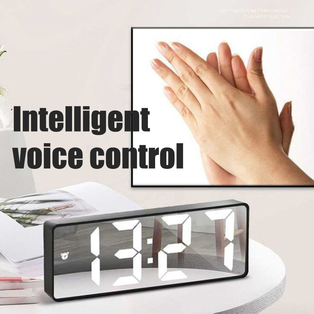 LED Digital Alarm Clock with Voice Control and Temperature Display Bedside Clock Adjustable Brightness Mirror Alarm - Image 7