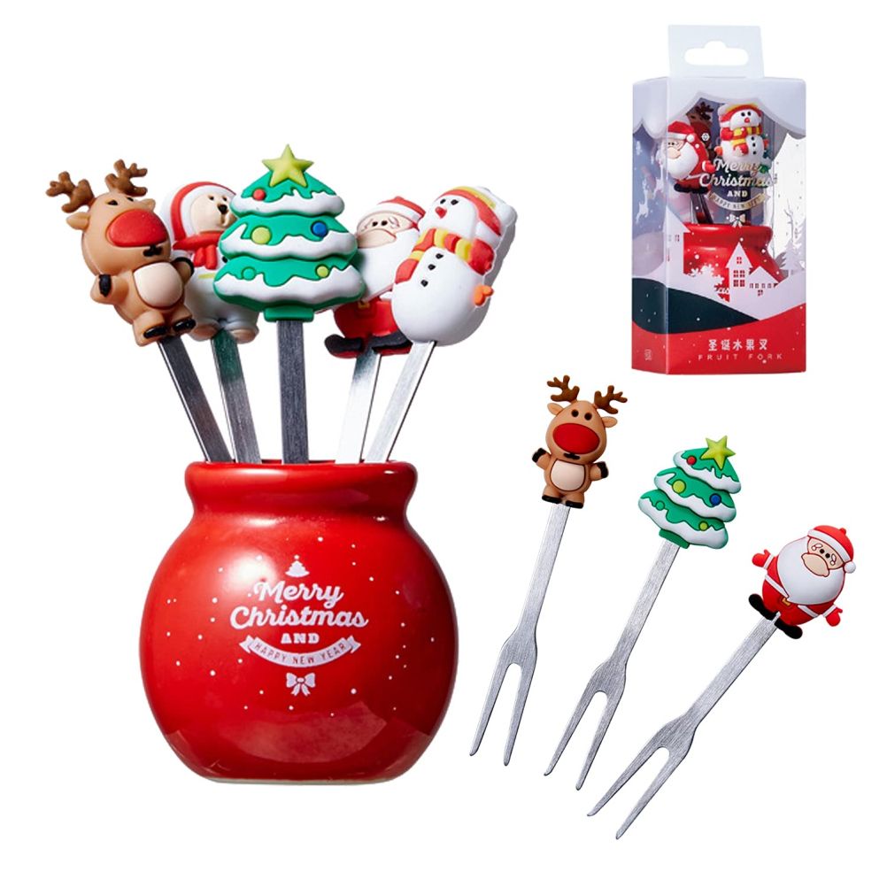 Christmas Silicone Fruit Fork Salad Fork Stainless Steel Children s Food Fork with Ceramic Cup Holder Reusable Fruit Fork Christmas Gift - Image 1
