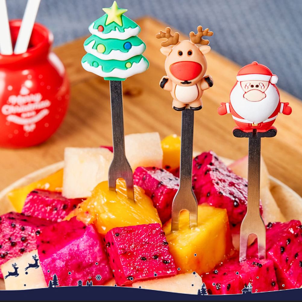 Christmas Silicone Fruit Fork Salad Fork Stainless Steel Children s Food Fork with Ceramic Cup Holder Reusable Fruit Fork Christmas Gift - Image 2
