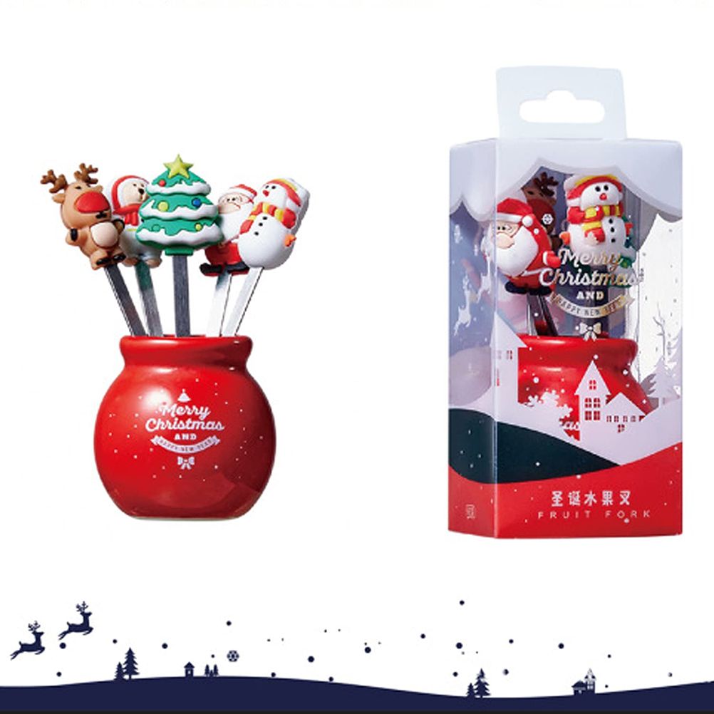 Christmas Silicone Fruit Fork Salad Fork Stainless Steel Children s Food Fork with Ceramic Cup Holder Reusable Fruit Fork Christmas Gift - Image 3