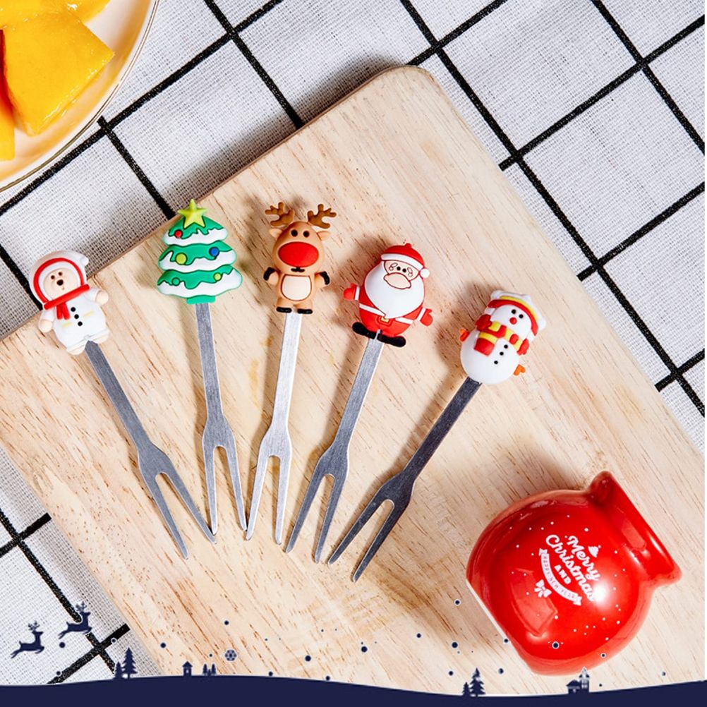 Christmas Silicone Fruit Fork Salad Fork Stainless Steel Children s Food Fork with Ceramic Cup Holder Reusable Fruit Fork Christmas Gift - Image 4