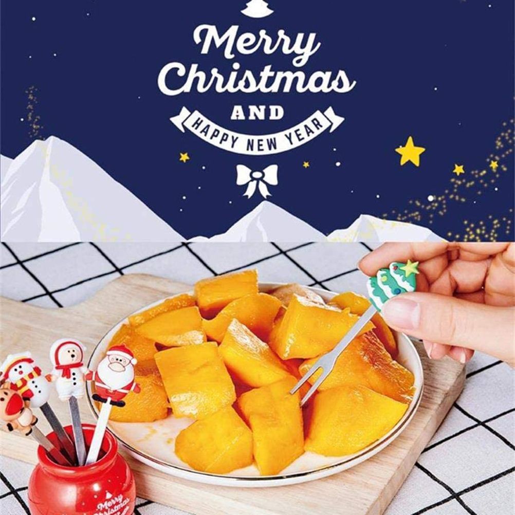 Christmas Silicone Fruit Fork Salad Fork Stainless Steel Children s Food Fork with Ceramic Cup Holder Reusable Fruit Fork Christmas Gift - Image 5