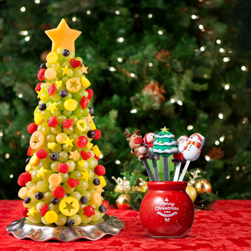 Christmas Silicone Fruit Fork Salad Fork Stainless Steel Children s Food Fork with Ceramic Cup Holder Reusable Fruit Fork Christmas Gift - Image 6