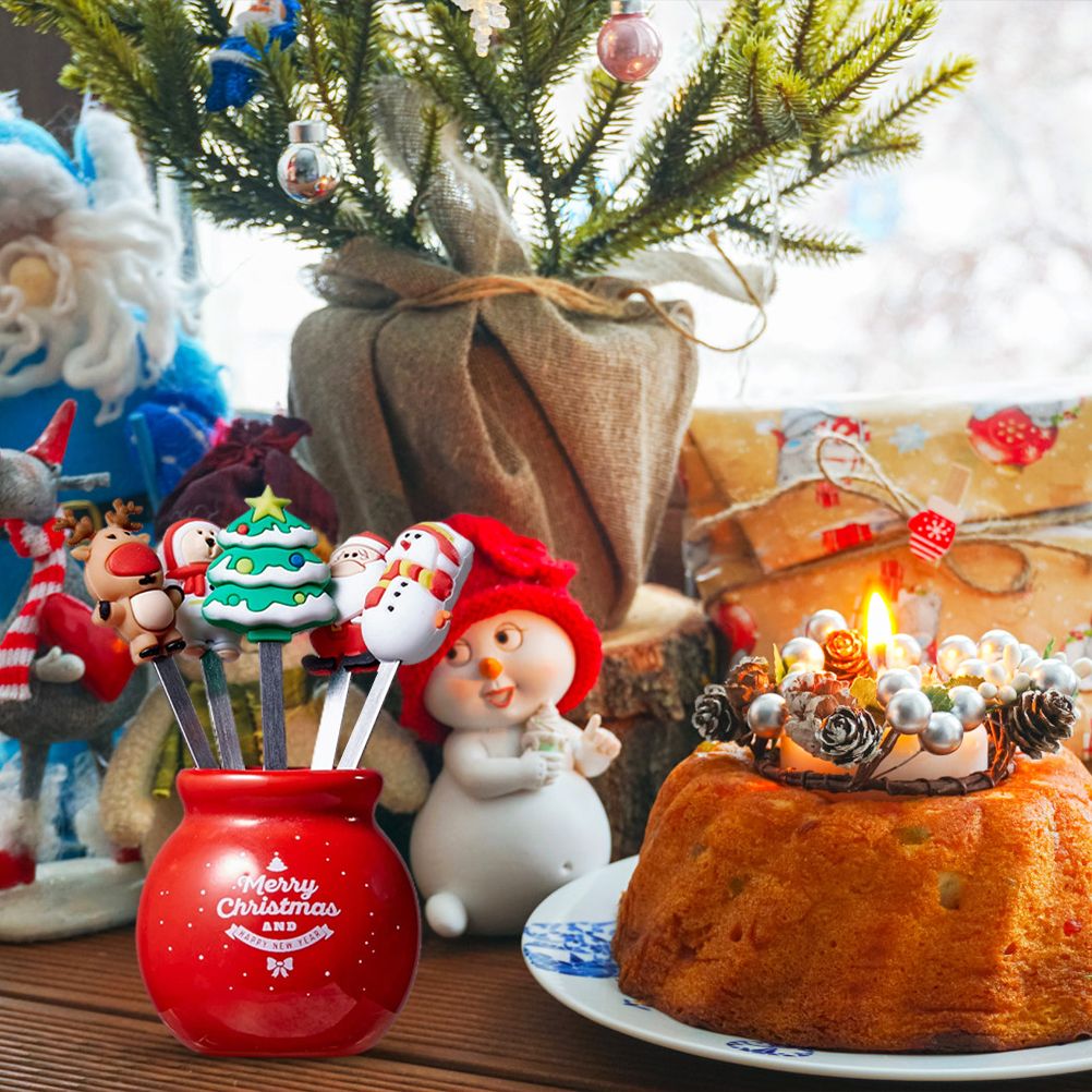 Christmas Silicone Fruit Fork Salad Fork Stainless Steel Children s Food Fork with Ceramic Cup Holder Reusable Fruit Fork Christmas Gift - Image 7