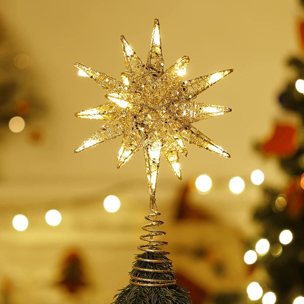 Christmas Star Tree Topper 3D Geometric Star Decorative LED Lights Battery Operated Beautiful Star Lighting with Springy Base for Holiday Xmas - Image 1