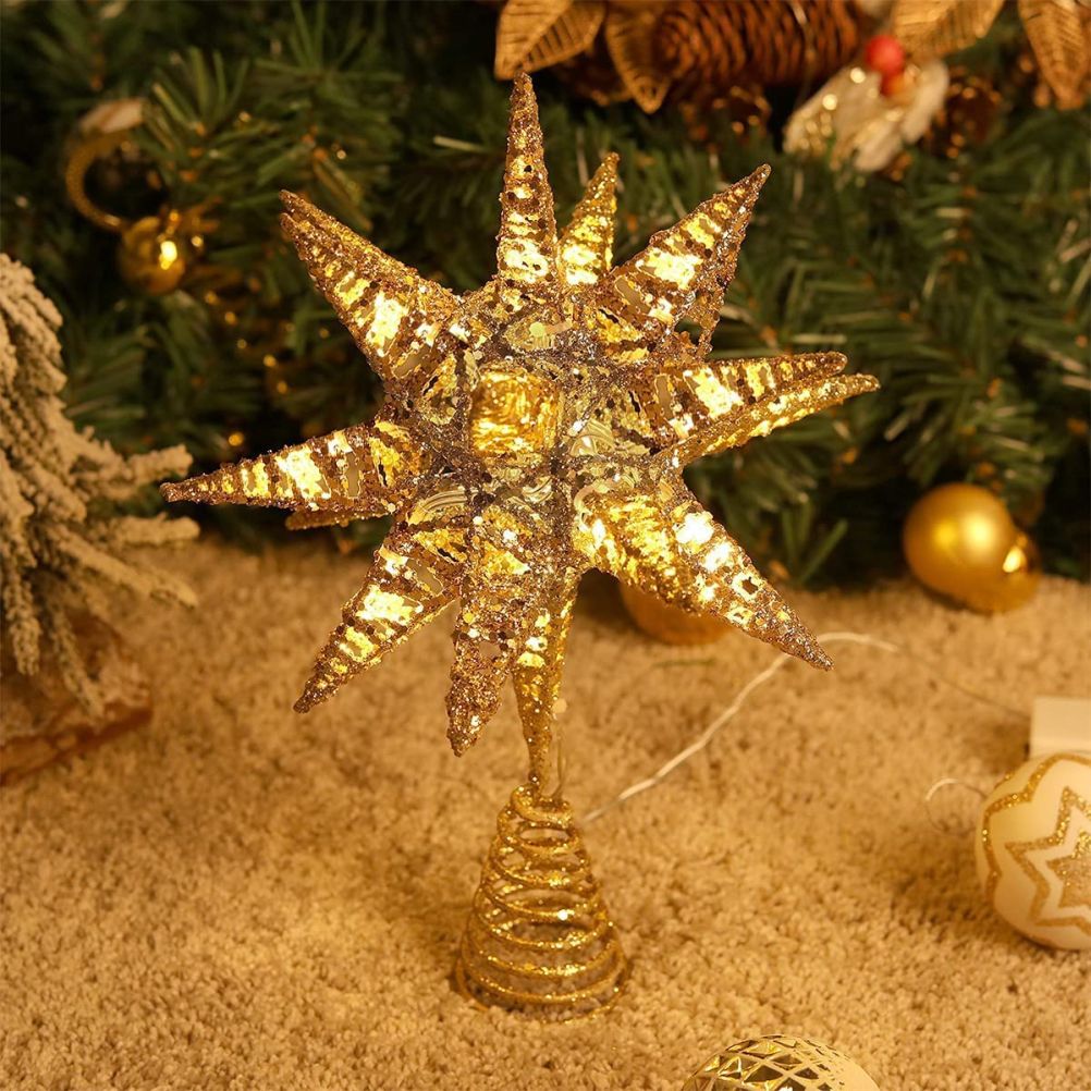 Christmas Star Tree Topper 3D Geometric Star Decorative LED Lights Battery Operated Beautiful Star Lighting with Springy Base for Holiday Xmas - Image 2