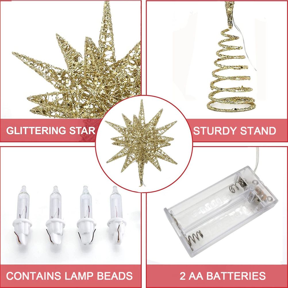 Christmas Star Tree Topper 3D Geometric Star Decorative LED Lights Battery Operated Beautiful Star Lighting with Springy Base for Holiday Xmas - Image 4