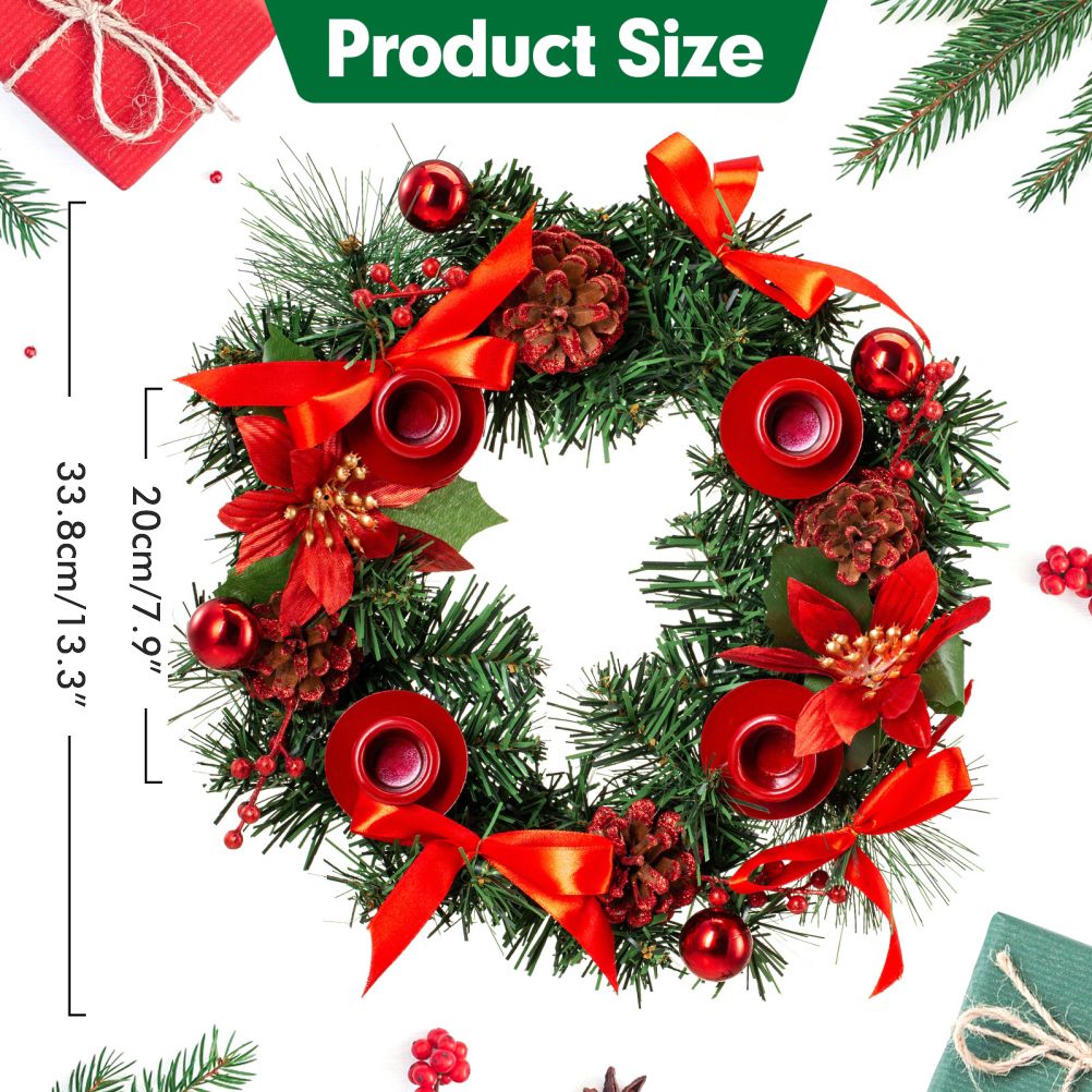 Christmas Advent Wreath Fir Wreath Christmas Arrangement Decorative Wreath with Candle Holder & Ribbon - Image 2