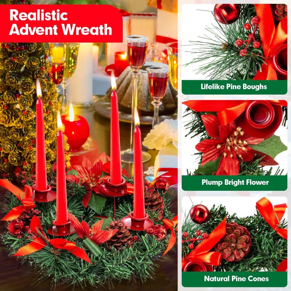 Christmas Advent Wreath Fir Wreath Christmas Arrangement Decorative Wreath with Candle Holder & Ribbon - Image 3