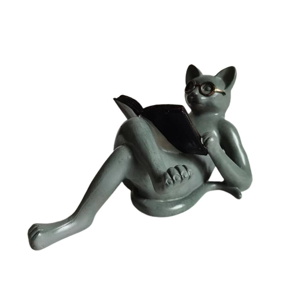 Literary Cat Resin Ornaments Garden Statue Decoration Reading Glasses Cat Crafts for Study and Office - Image 1