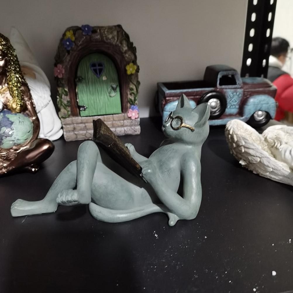 Literary Cat Resin Ornaments Garden Statue Decoration Reading Glasses Cat Crafts for Study and Office - Image 3