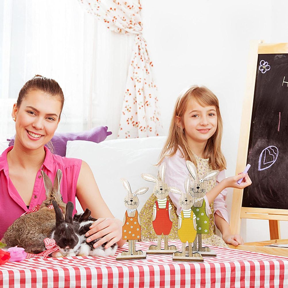 Easter Bunny Tabletop Decoration Cute Wooden Rabbit Figurines Ornament for Home Garden - Image 3