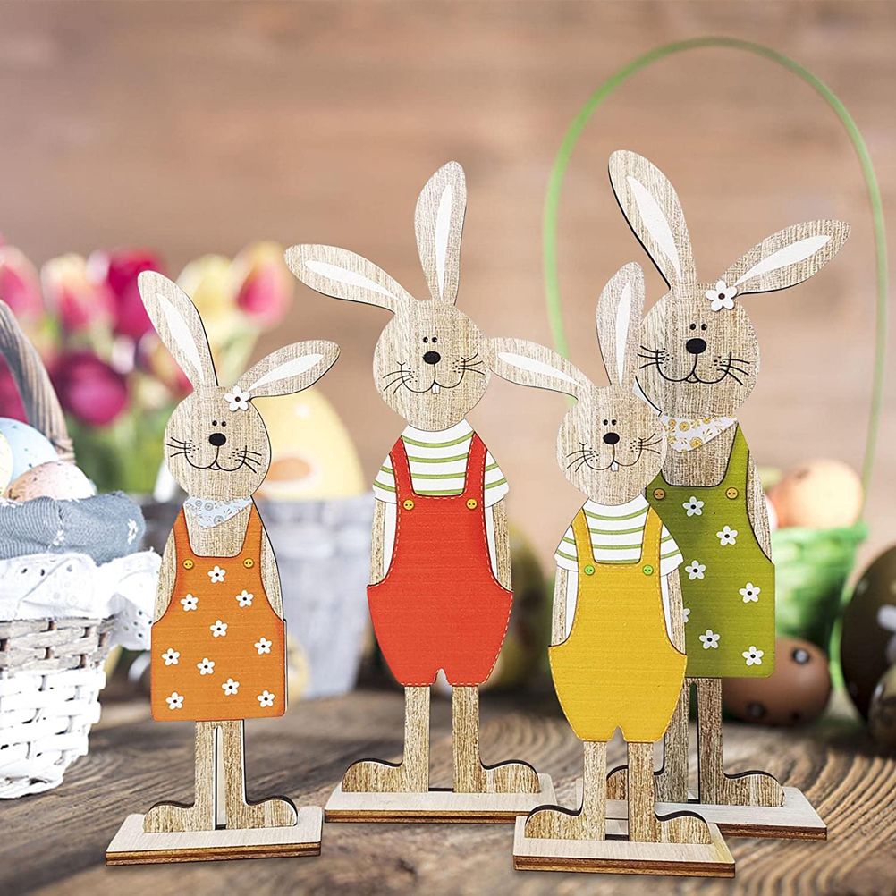 Easter Bunny Tabletop Decoration Cute Wooden Rabbit Figurines Ornament for Home Garden - Image 4