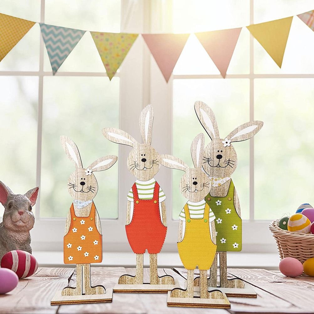 Easter Bunny Tabletop Decoration Cute Wooden Rabbit Figurines Ornament for Home Garden - Image 5