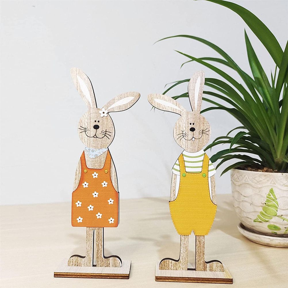 Easter Bunny Tabletop Decoration Cute Wooden Rabbit Figurines Ornament for Home Garden - Image 6