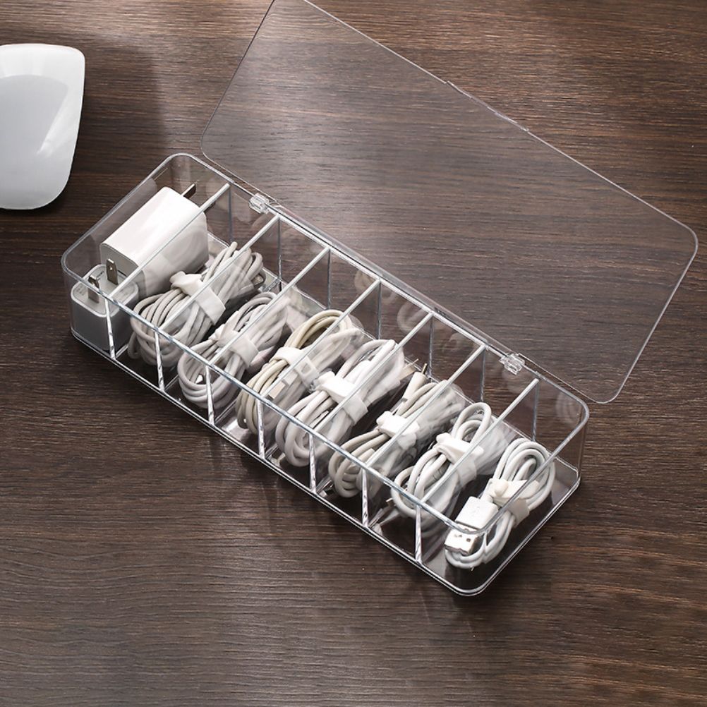 8 Grids Clear Plastic Cable Storage Box Data Cable Storage Container Save Space Cable Management Box for Storing Earrings Rings and Data Cables - Image 1