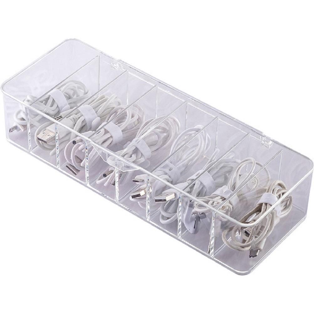 8 Grids Clear Plastic Cable Storage Box Data Cable Storage Container Save Space Cable Management Box for Storing Earrings Rings and Data Cables - Image 2