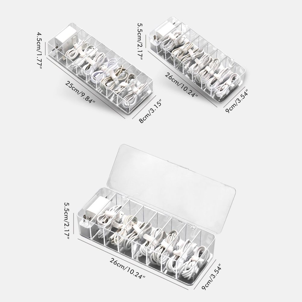 8 Grids Clear Plastic Cable Storage Box Data Cable Storage Container Save Space Cable Management Box for Storing Earrings Rings and Data Cables - Image 4