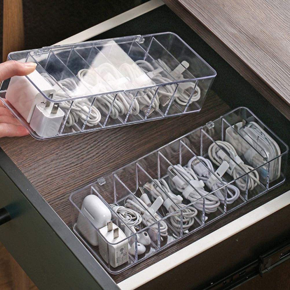 8 Grids Clear Plastic Cable Storage Box Data Cable Storage Container Save Space Cable Management Box for Storing Earrings Rings and Data Cables - Image 7
