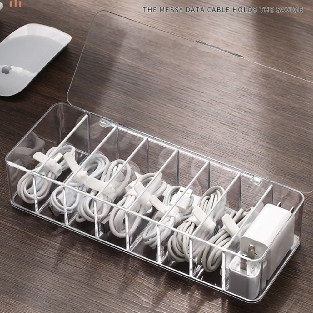 8 Grids Clear Plastic Cable Storage Box Data Cable Storage Container Save Space Cable Management Box for Storing Earrings Rings and Data Cables - Image 8
