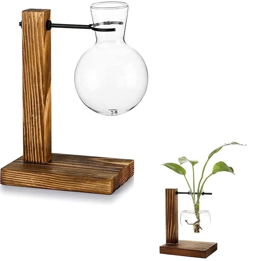 Transparent Vase Desktop Wooden Stand Glass Clear Plant Vase for Home Table Desk Interior Decoration - Image 3