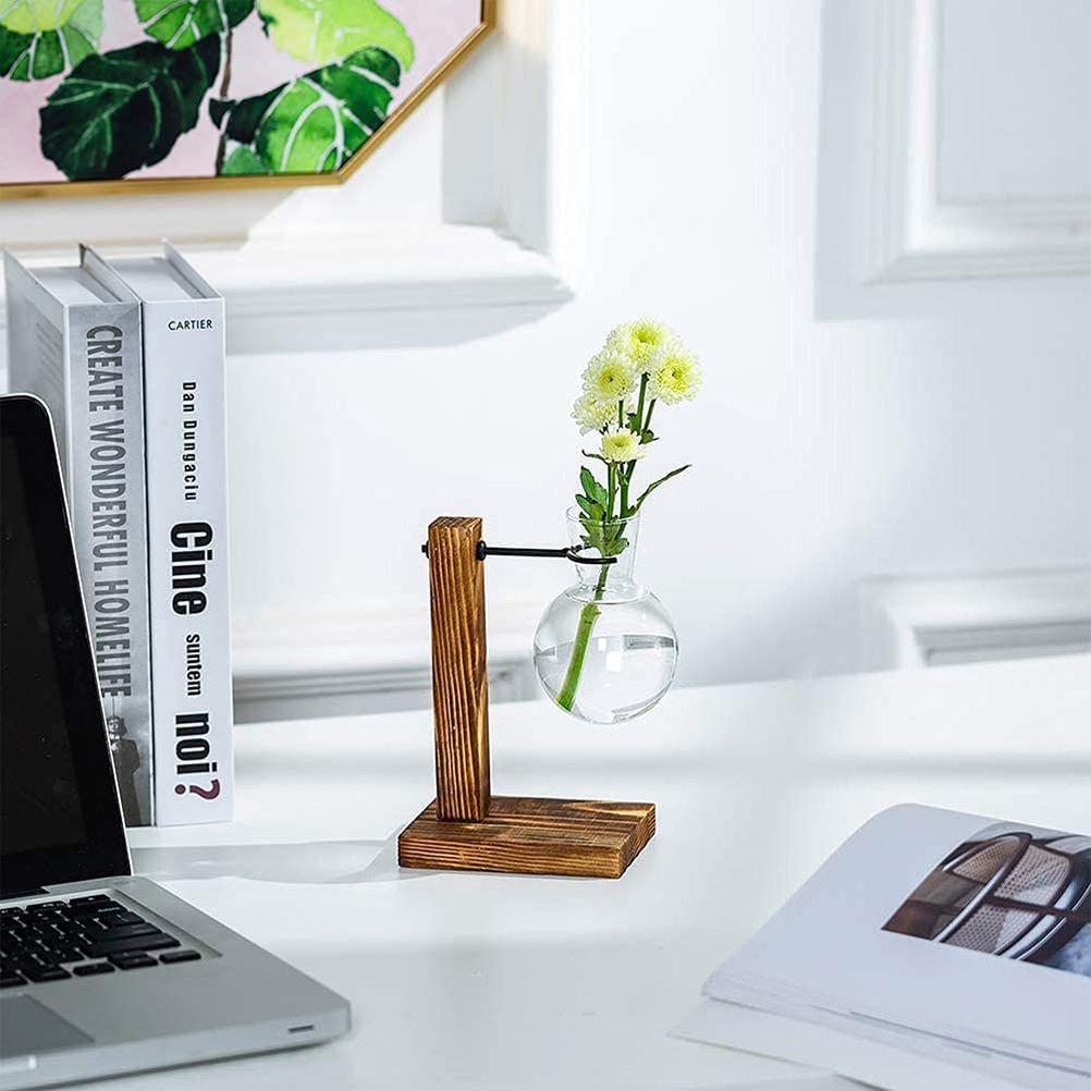 Transparent Vase Desktop Wooden Stand Glass Clear Plant Vase for Home Table Desk Interior Decoration - Image 6