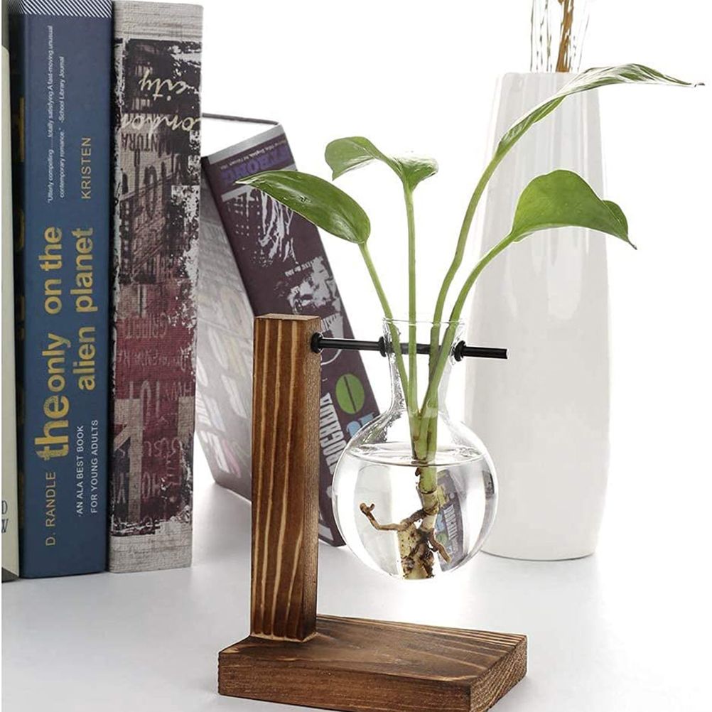 Transparent Vase Desktop Wooden Stand Glass Clear Plant Vase for Home Table Desk Interior Decoration - Image 7