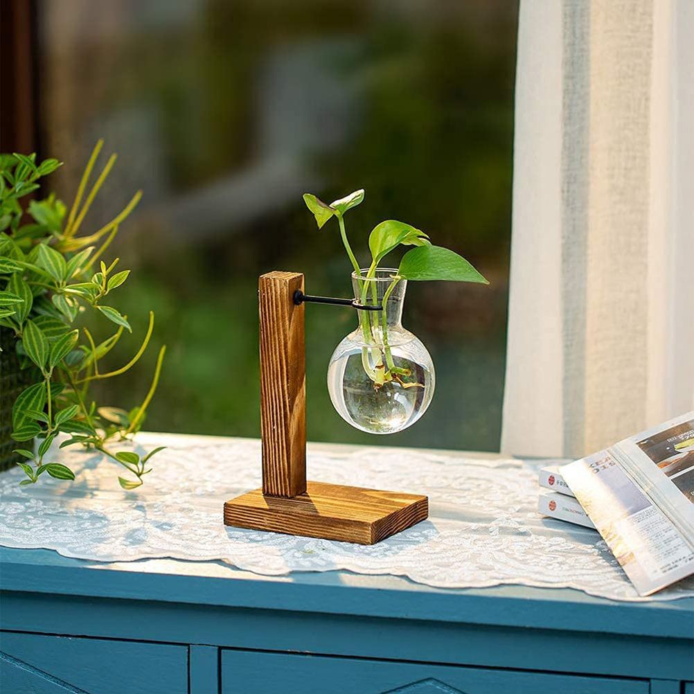 Transparent Vase Desktop Wooden Stand Glass Clear Plant Vase for Home Table Desk Interior Decoration - Image 8