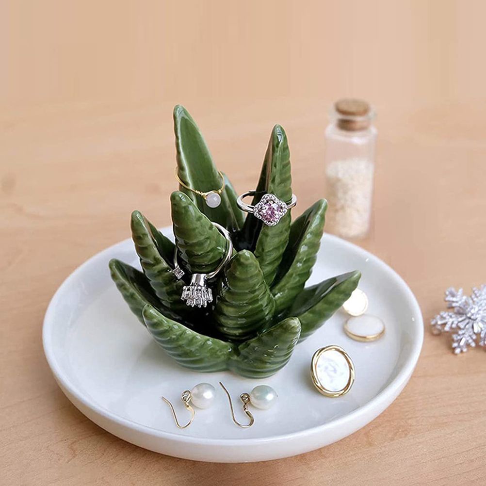 Ceramic Ring Holder Aloe Ring Dish Jewelry Holder Rings Bracelets Earrings Green Succulent Trinket Tray Gift for Women Girls - Image 5