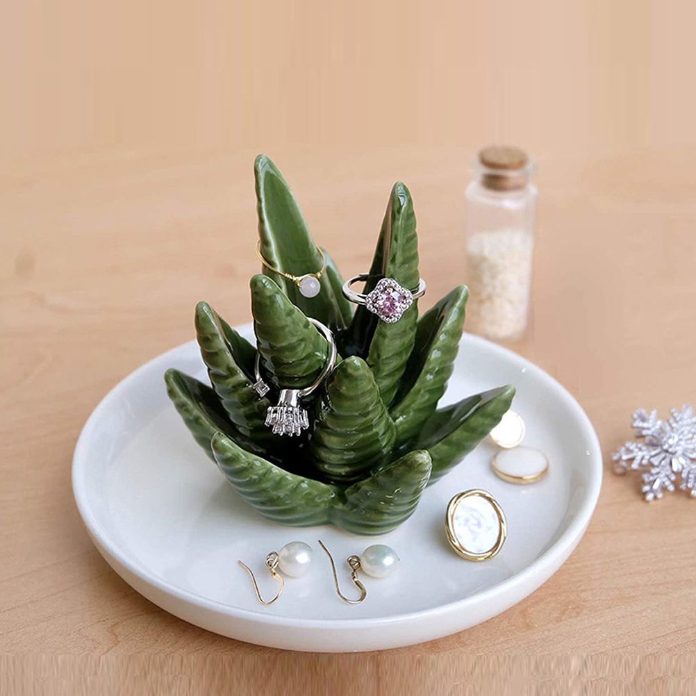Ceramic Ring Holder Aloe Ring Dish Jewelry Holder Rings Bracelets Earrings Green Succulent Trinket Tray Gift for Women Girls - Image 6