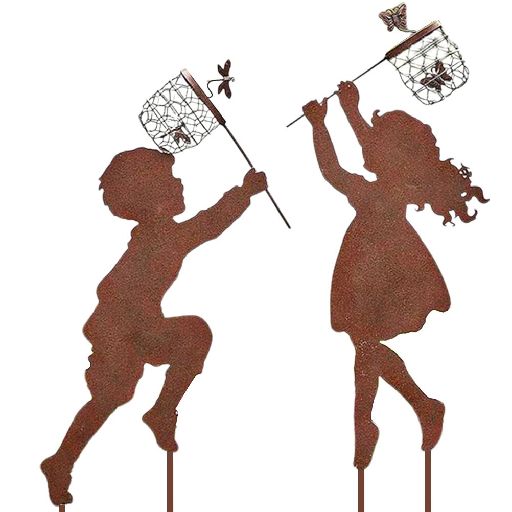 1 Pair Boy Girl Catching Butterfly Metal Decorative Garden Stakes Outdoor Garden Decor Boy Girl Silhouette Yard Stakes Spring Decor - Image 1