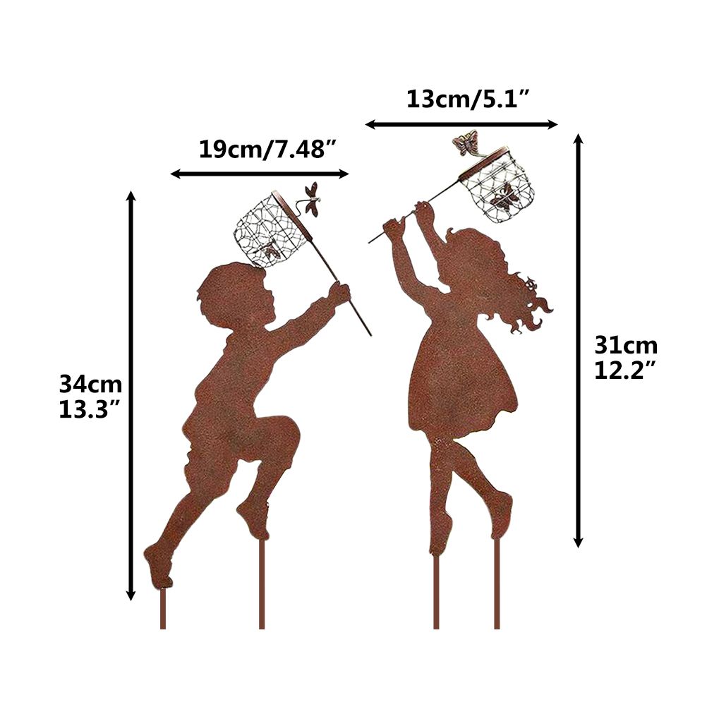 1 Pair Boy Girl Catching Butterfly Metal Decorative Garden Stakes Outdoor Garden Decor Boy Girl Silhouette Yard Stakes Spring Decor - Image 2