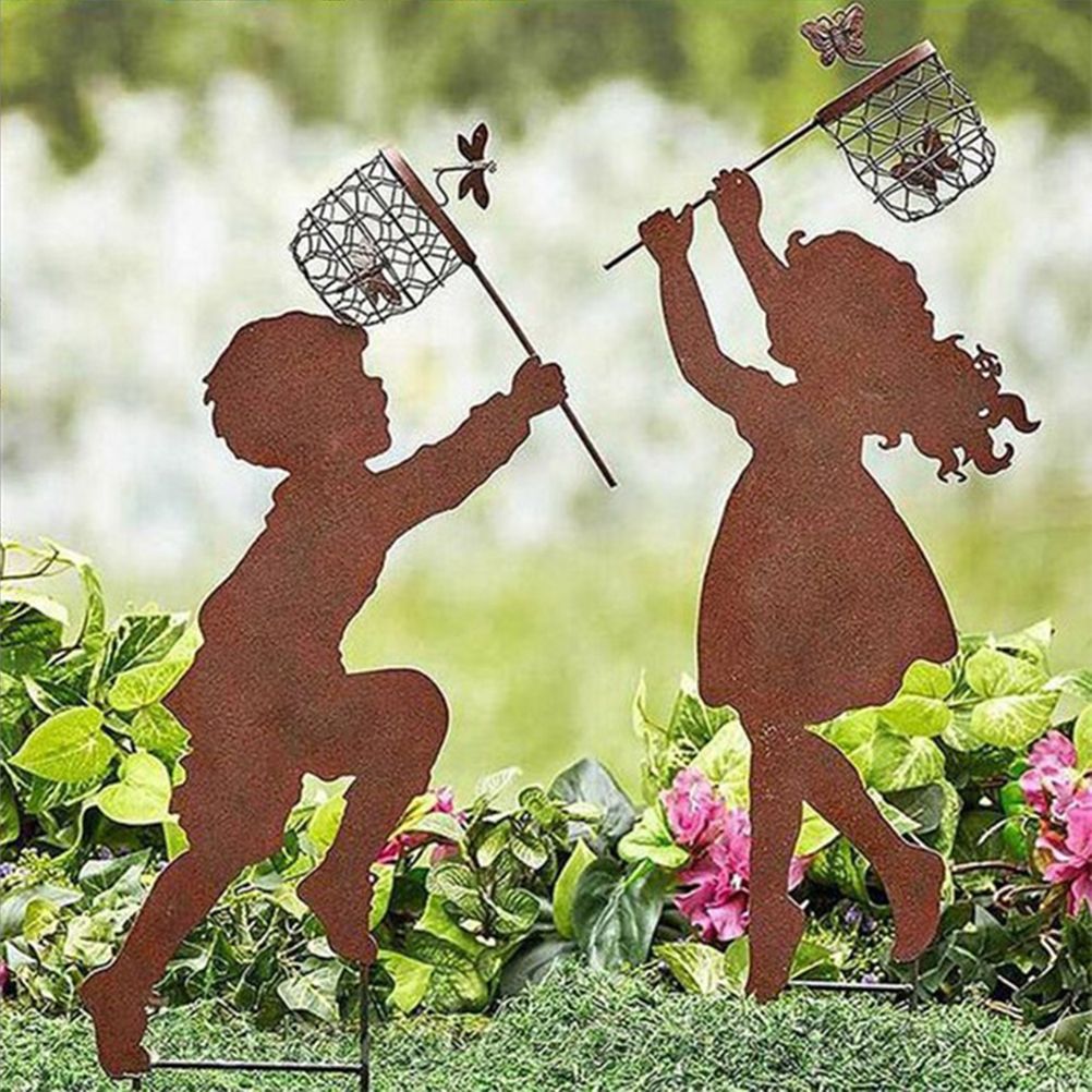 1 Pair Boy Girl Catching Butterfly Metal Decorative Garden Stakes Outdoor Garden Decor Boy Girl Silhouette Yard Stakes Spring Decor - Image 3
