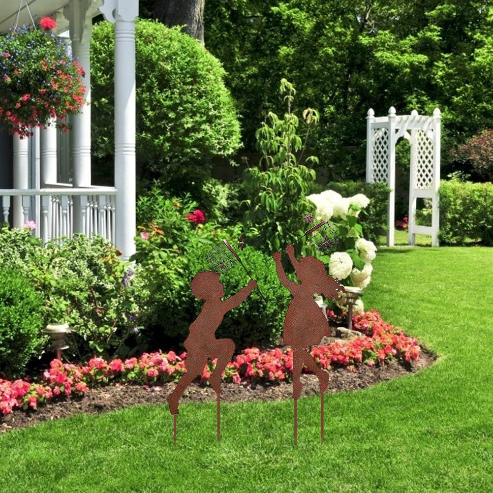 1 Pair Boy Girl Catching Butterfly Metal Decorative Garden Stakes Outdoor Garden Decor Boy Girl Silhouette Yard Stakes Spring Decor - Image 4