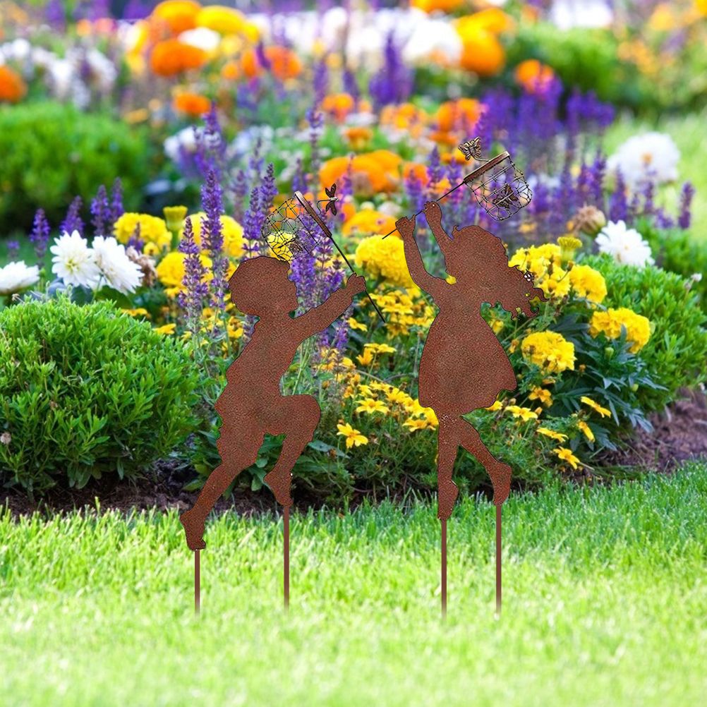 1 Pair Boy Girl Catching Butterfly Metal Decorative Garden Stakes Outdoor Garden Decor Boy Girl Silhouette Yard Stakes Spring Decor - Image 5