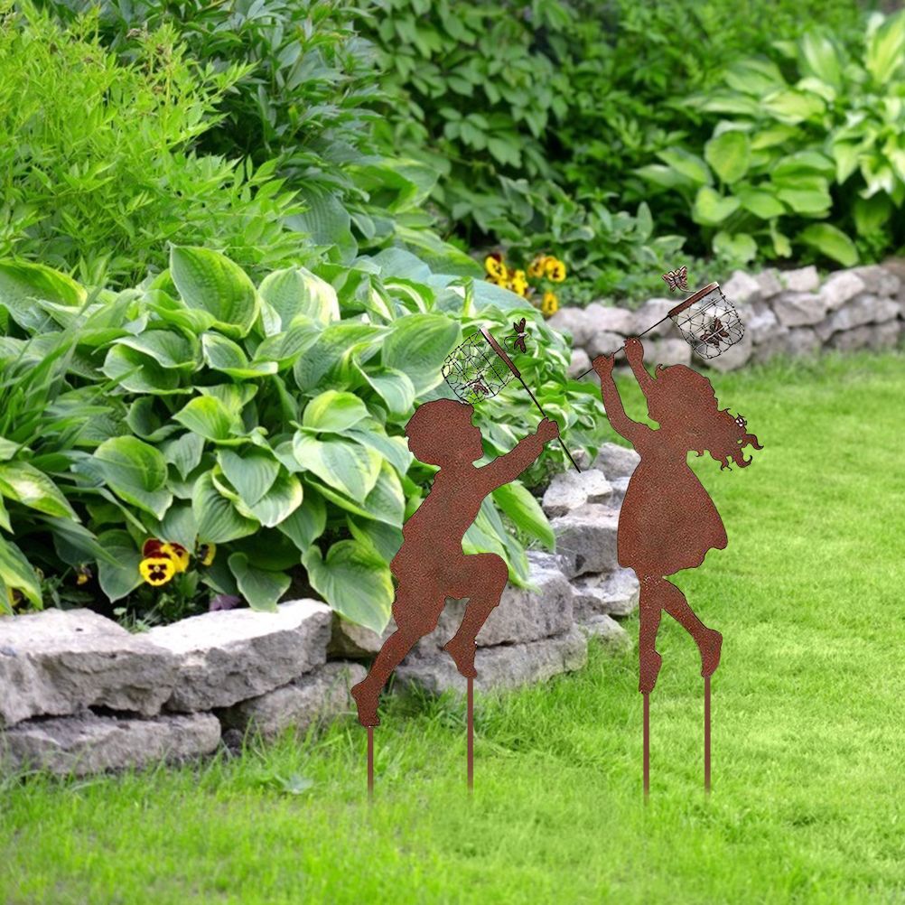 1 Pair Boy Girl Catching Butterfly Metal Decorative Garden Stakes Outdoor Garden Decor Boy Girl Silhouette Yard Stakes Spring Decor - Image 6
