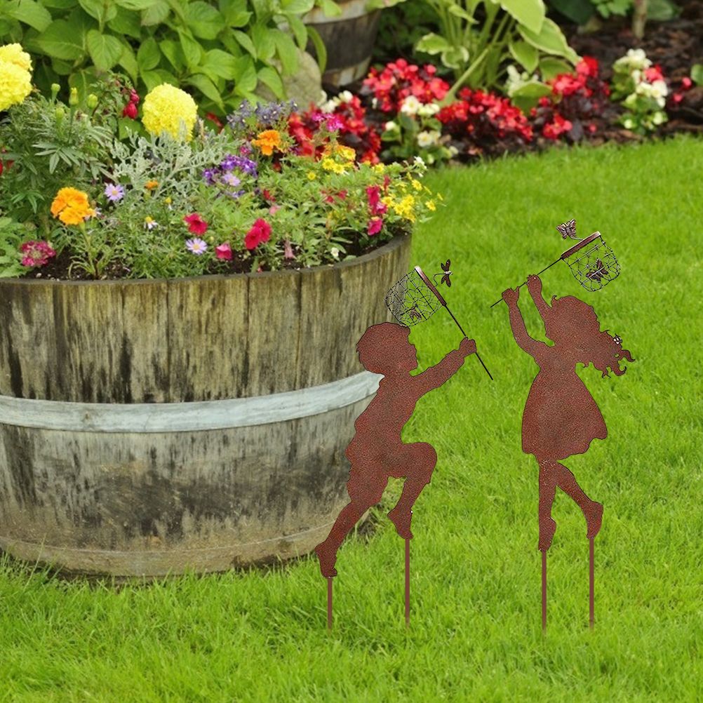 1 Pair Boy Girl Catching Butterfly Metal Decorative Garden Stakes Outdoor Garden Decor Boy Girl Silhouette Yard Stakes Spring Decor - Image 7