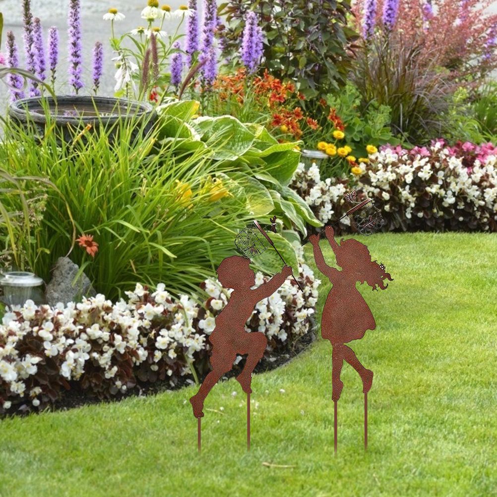 1 Pair Boy Girl Catching Butterfly Metal Decorative Garden Stakes Outdoor Garden Decor Boy Girl Silhouette Yard Stakes Spring Decor - Image 8