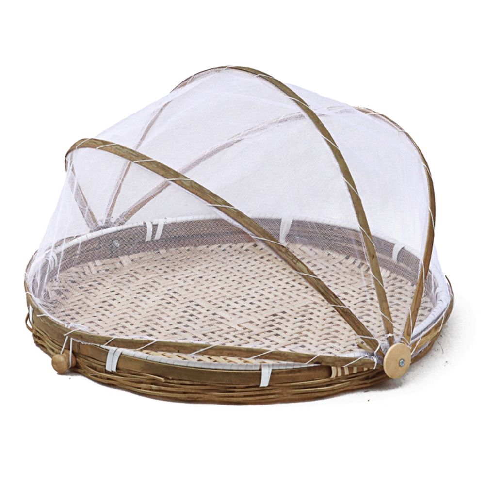 Covered Bamboo Serving Food Tent Basket Hand Woven Round Food Basket with Mesh Cover - Image 1