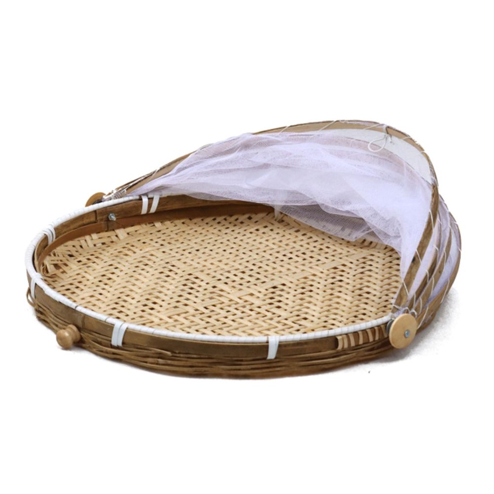 Covered Bamboo Serving Food Tent Basket Hand Woven Round Food Basket with Mesh Cover - Image 7