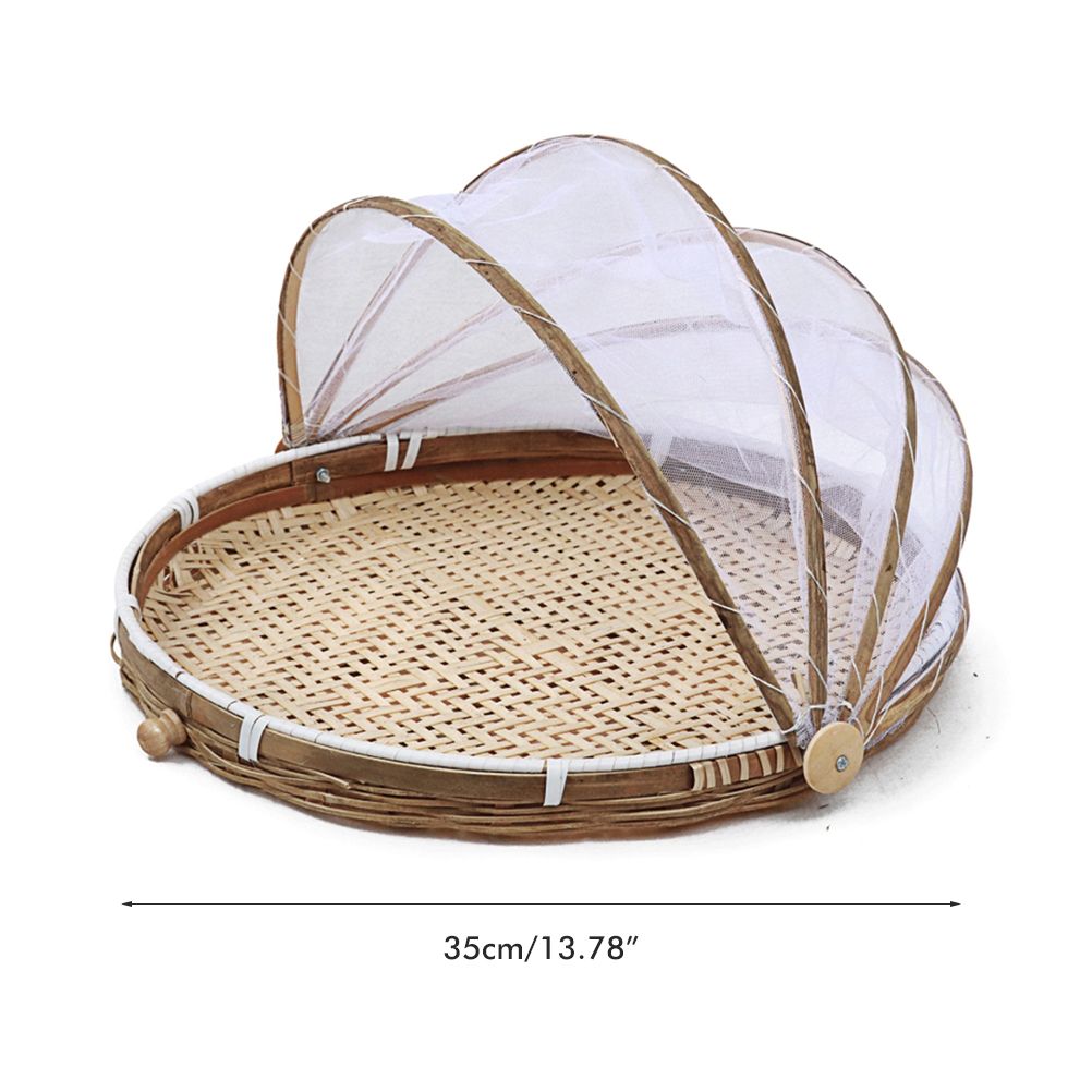 Covered Bamboo Serving Food Tent Basket Hand Woven Round Food Basket with Mesh Cover - Image 2