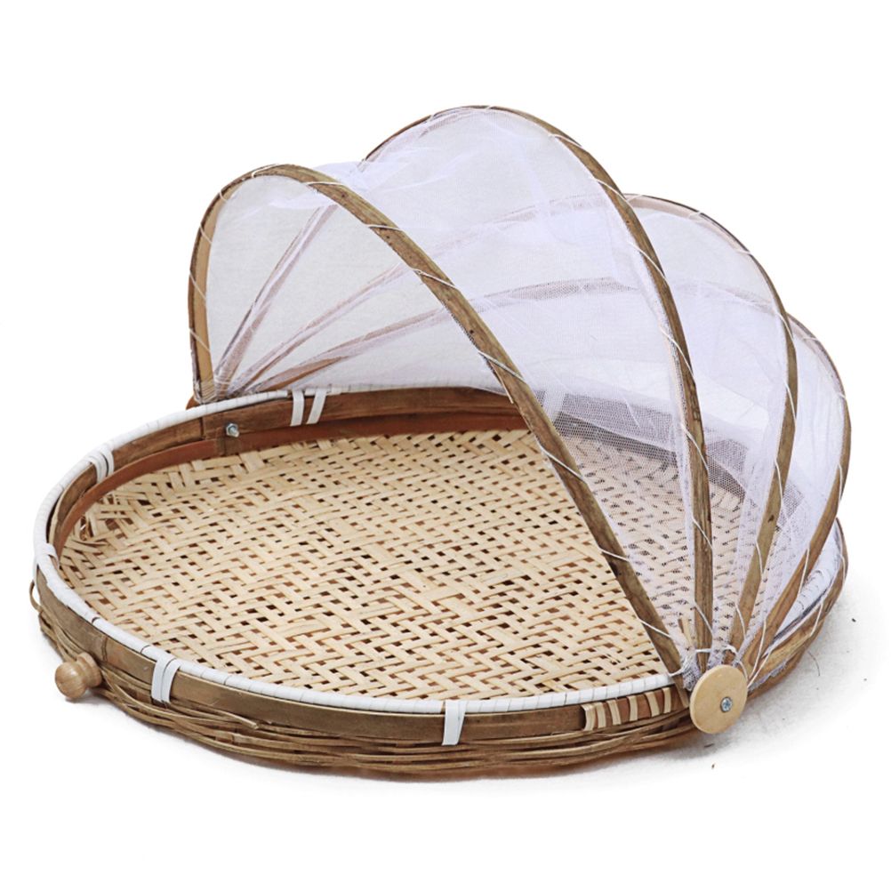 Covered Bamboo Serving Food Tent Basket Hand Woven Round Food Basket with Mesh Cover - Image 3